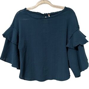 Free People Teal Ruffle Bell Sleeve Boho Gauze Blouse Top Small